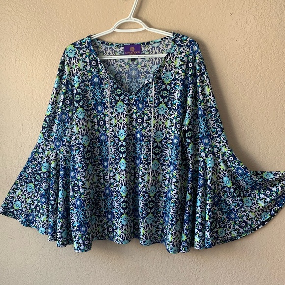Curations Caravan Tops - CURATIONS CARAVAN Blue Green Floral Exaggerated Bell Sleeve Boho Blouse Size L